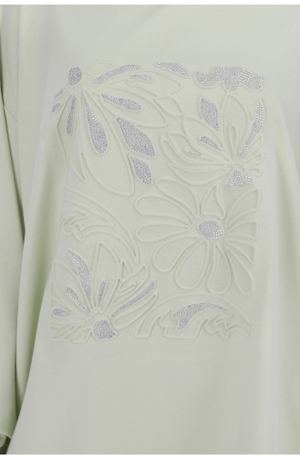 Kabartma Çiçek Ve Taş Detaylı 2 Iplik Kumaş Sweatshirt 29697-01 Mint Yeşili