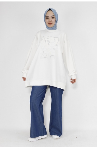 Kabartma Çiçek Ve Taş Detaylı 2 Iplik Kumaş Sweatshirt 29697-02 Beyaz