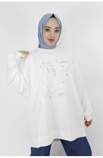 Kabartma Çiçek Ve Taş Detaylı 2 Iplik Kumaş Sweatshirt 29697-02 Beyaz