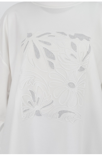 Kabartma Çiçek Ve Taş Detaylı 2 Iplik Kumaş Sweatshirt 29697-02 Beyaz