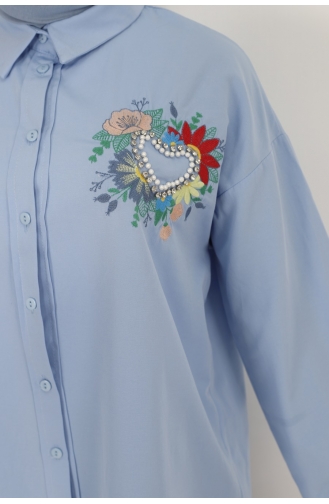 Kalp Ve Çiçek Detayli Poplin Kumaş Gömlek 23173-01 Mavi