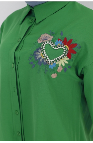 Kalp Ve Çiçek Detayli Poplin Kumaş Gömlek 23173-02 Yeşil