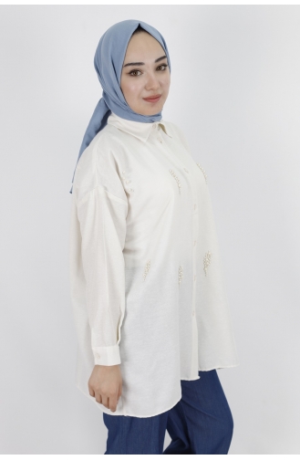 Keten Kumaş İnci İşlemeli Oversize Gömlek 2060-01 Ekru
