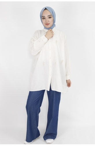 Keten Kumaş İnci İşlemeli Oversize Gömlek 2060-01 Ekru
