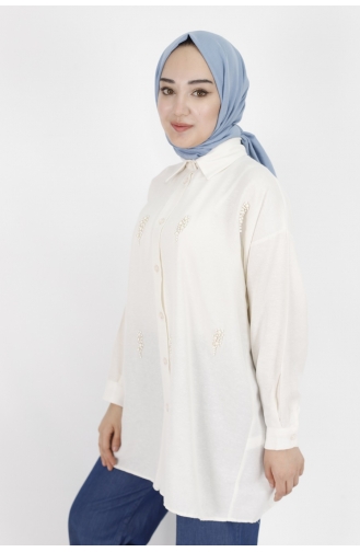 Keten Kumaş İnci İşlemeli Oversize Gömlek 2060-01 Ekru