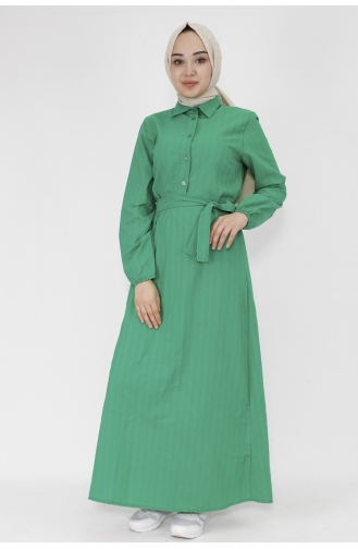 Keten Kumaş Kemerli Düğmeli Elbise 71097-02 Yeşil