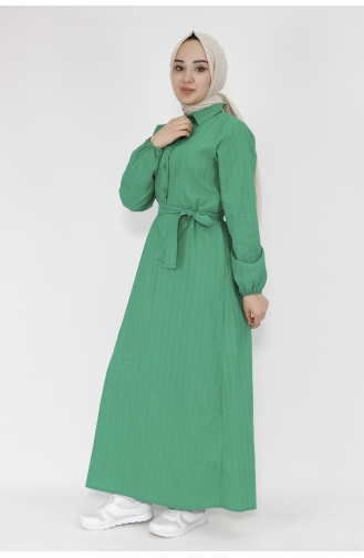 Keten Kumaş Kemerli Düğmeli Elbise 71097-02 Yeşil