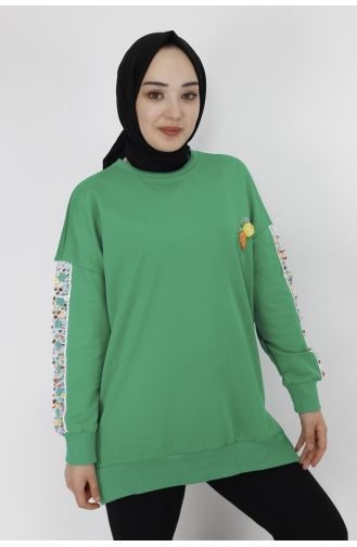 Kollari Nakiş Detayli 2 İplik Kumaş Sweatshirt 23009-02 Yeşil