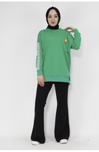 Kollari Nakiş Detayli 2 İplik Kumaş Sweatshirt 23009-02 Yeşil