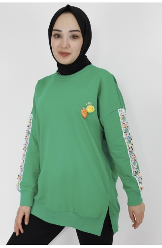 Kollari Nakiş Detayli 2 İplik Kumaş Sweatshirt 23009-02 Yeşil