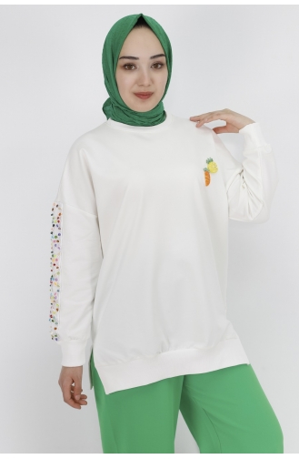 Kollari Nakiş Detayli 2 İplik Kumaş Sweatshirt 23009-03 Ekru