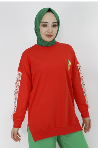 Kollari Nakiş Detayli 2 İplik Kumaş Sweatshirt 23009-04 Oranj