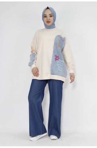 Kot Garnili Ve Baskili 2 İplik Kumaş Sweatshirt 29758-01 Bej