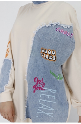 Kot Garnili Ve Baskili 2 İplik Kumaş Sweatshirt 29758-01 Bej