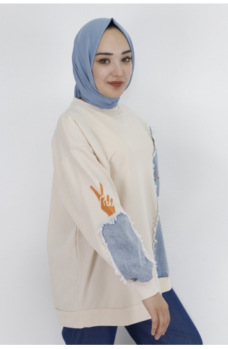 Kot Garnili Ve Baskili 2 İplik Kumaş Sweatshirt 29758-01 Bej