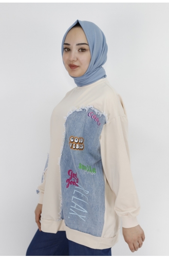 Kot Garnili Ve Baskili 2 İplik Kumaş Sweatshirt 29758-01 Bej