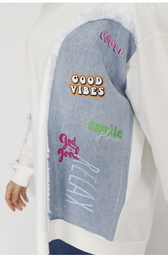 Kot Garnili Ve Baskili 2 İplik Kumaş Sweatshirt 29758-02 Ekru