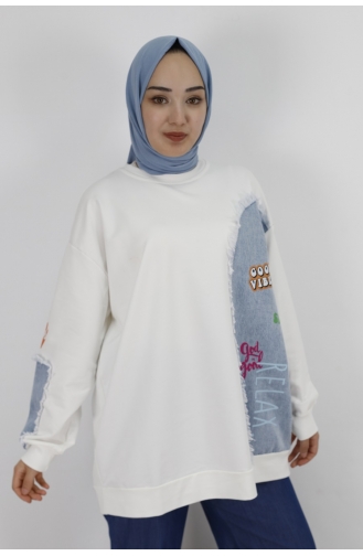 Kot Garnili Ve Baskili 2 İplik Kumaş Sweatshirt 29758-02 Ekru