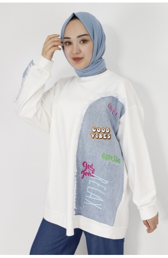 Kot Garnili Ve Baskili 2 İplik Kumaş Sweatshirt 29758-02 Ekru