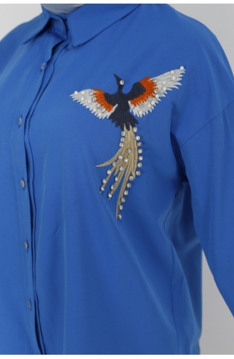 Kuş Nakiş Detayli Poplin Kumaş Gömlek 23073-01 Saks