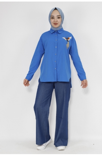 Kuş Nakiş Detayli Poplin Kumaş Gömlek 23073-01 Saks