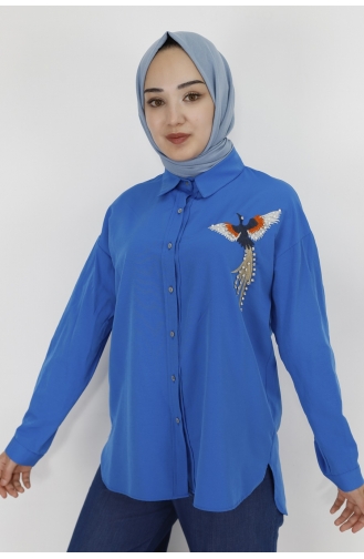 Kuş Nakiş Detayli Poplin Kumaş Gömlek 23073-01 Saks