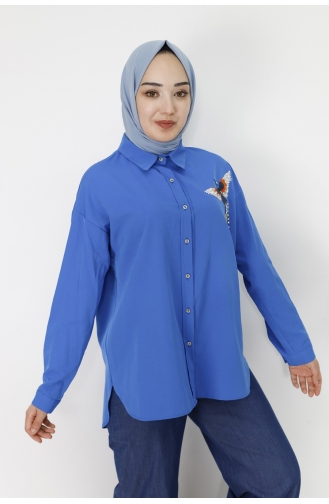 Kuş Nakiş Detayli Poplin Kumaş Gömlek 23073-01 Saks
