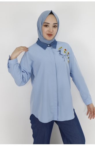 Kuş Nakiş Ve Taş Detayli Poplin Kumaş Gömlek 23169-01 Mavi