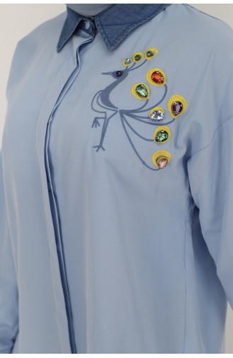 Kuş Nakiş Ve Taş Detayli Poplin Kumaş Gömlek 23169-01 Mavi