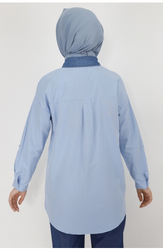 Kuş Nakiş Ve Taş Detayli Poplin Kumaş Gömlek 23169-01 Mavi