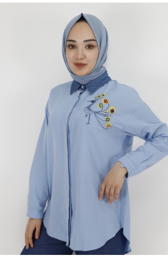 Kuş Nakiş Ve Taş Detayli Poplin Kumaş Gömlek 23169-01 Mavi