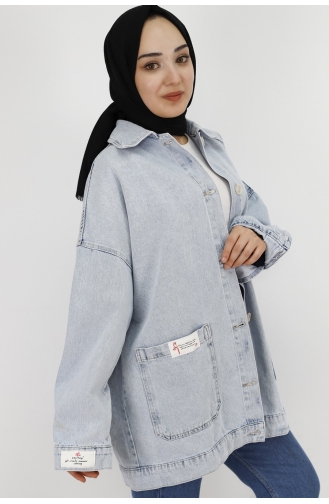 Önü Cep Detaylı Kot Kumaş Oversize Ceket 29593-01 Buz Mavisi