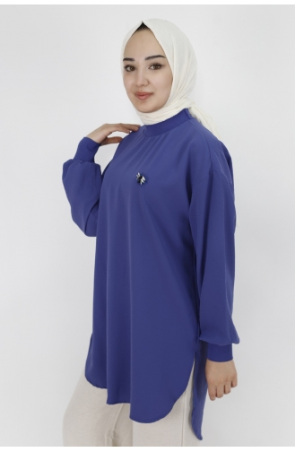 Puane Broş Detayli Aerobin Kumaş Tunik 20493-02 Mavi