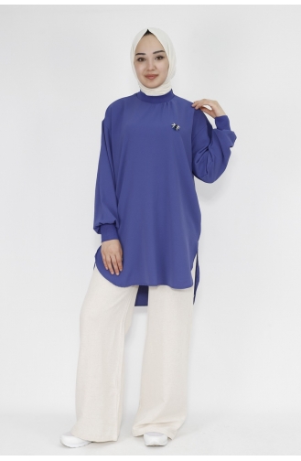 Puane Broş Detayli Aerobin Kumaş Tunik 20493-02 Mavi