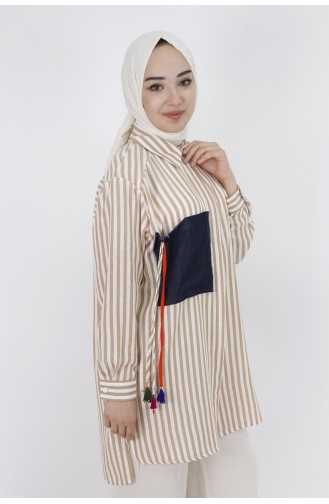 Puane Çizgili Keten Kumaş Tunik Gömlek 10282-01 Bej