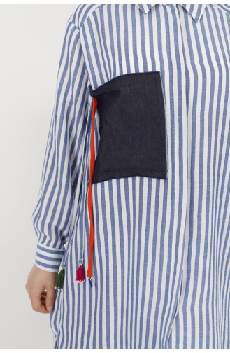 Puane Çizgili Keten Kumaş Tunik Gömlek 10282-02 İndigo