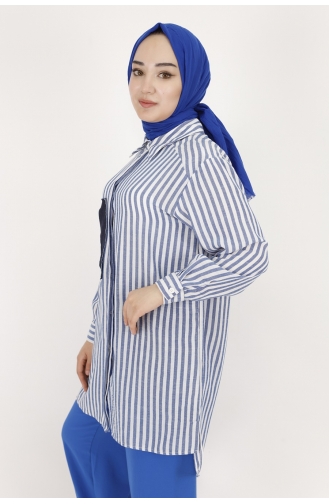 Puane Çizgili Keten Kumaş Tunik Gömlek 10282-02 İndigo