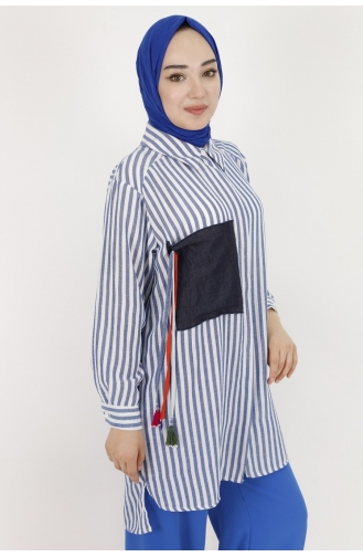Puane Çizgili Keten Kumaş Tunik Gömlek 10282-02 İndigo