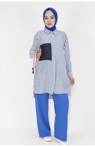 Puane Çizgili Keten Kumaş Tunik Gömlek 10282-02 İndigo