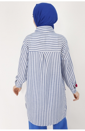 Puane Çizgili Keten Kumaş Tunik Gömlek 10282-02 İndigo