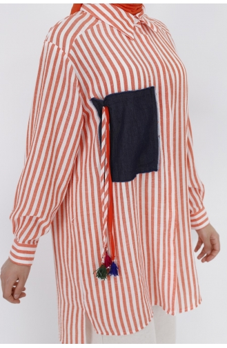 Puane Çizgili Keten Kumaş Tunik Gömlek 10282-03 Oranj