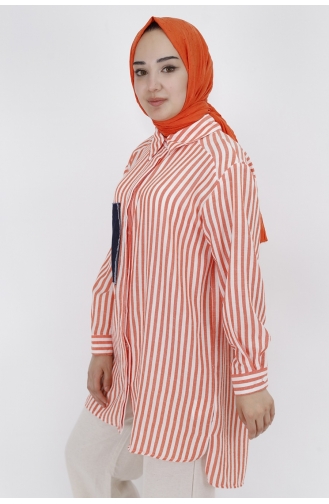 Puane Çizgili Keten Kumaş Tunik Gömlek 10282-03 Oranj