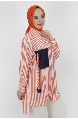 Puane Çizgili Keten Kumaş Tunik Gömlek 10282-03 Oranj
