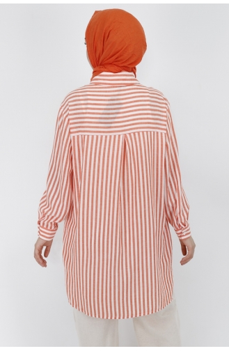 Puane Çizgili Keten Kumaş Tunik Gömlek 10282-03 Oranj