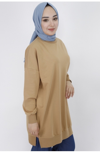 Puane İki İplik Basic Tunik Sweatshirt 30644-01 Camel