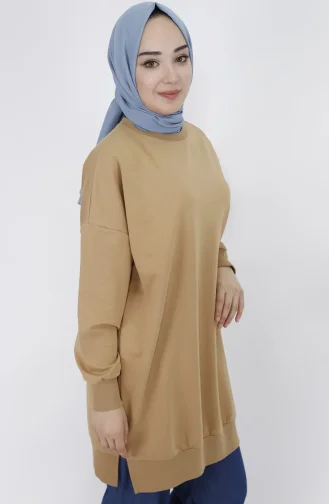 Puane İki İplik Basic Tunik Sweatshirt 30644-01 Camel