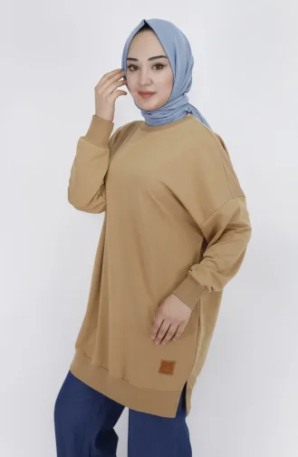 Puane İki İplik Basic Tunik Sweatshirt 30644-01 Camel