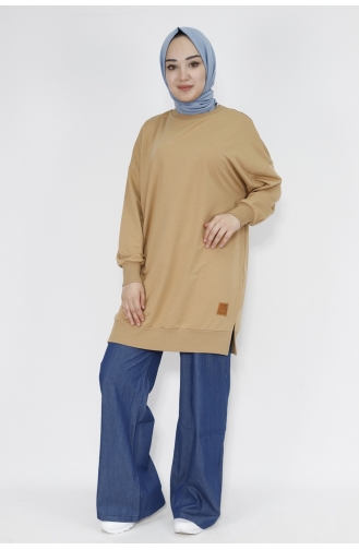 Puane İki İplik Basic Tunik Sweatshirt 30644-01 Camel