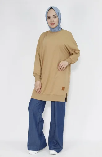 Puane İki İplik Basic Tunik Sweatshirt 30644-01 Camel