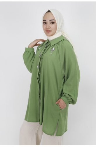 Puane Taşli Zincirli Keten Kumaş Tunik Gömlek 20540-03 Yeşil